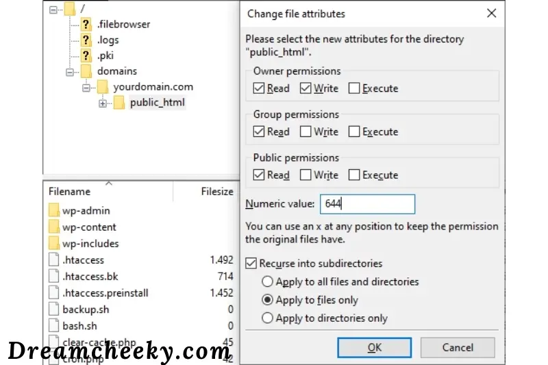 Change folder permissions. Now, enter 644 into the Numeric Value field. Select the Apply to files only option.