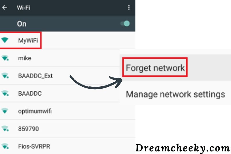 Two options are displayed on the device, Modify network or Forget network. Tap the Forget Network button.
